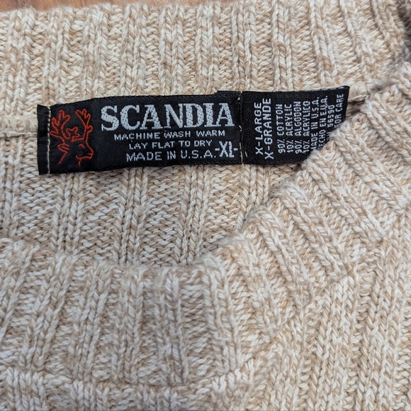 Vintage Neutral Ribbed Knit Cotton Blend Scandia Men's XL Sweater Crewneck Tan - Picture 3 of 4